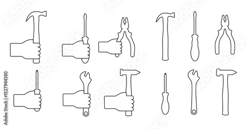 vector illustration of a equipment set. screwdriver hammer pliers english key