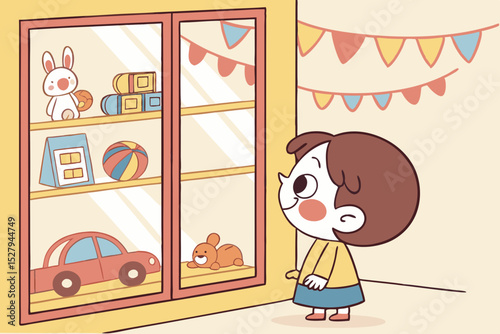 Child gazing at toy showcase in a playroom