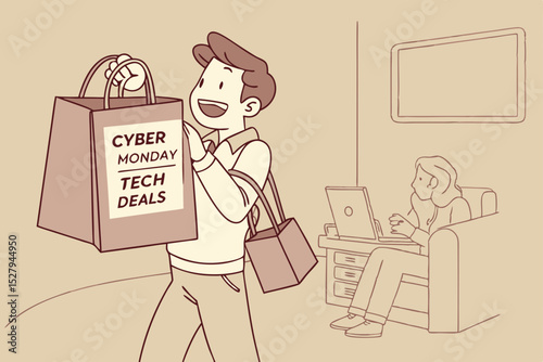 Cyber monday tech deals shopping spree illustration
