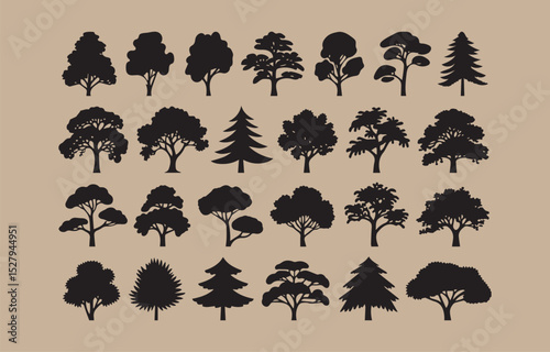 Collection of Twenty Four Tree Silhouettes in Black Color on a Beige Background for Landscape Design and Architectural Rendering