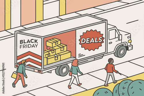 Black friday deals delivery truck and shoppers