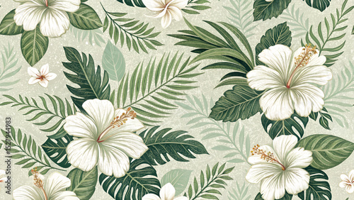 Vector illustration of seamless pattern. White hibiscus flowers, green leaves.
