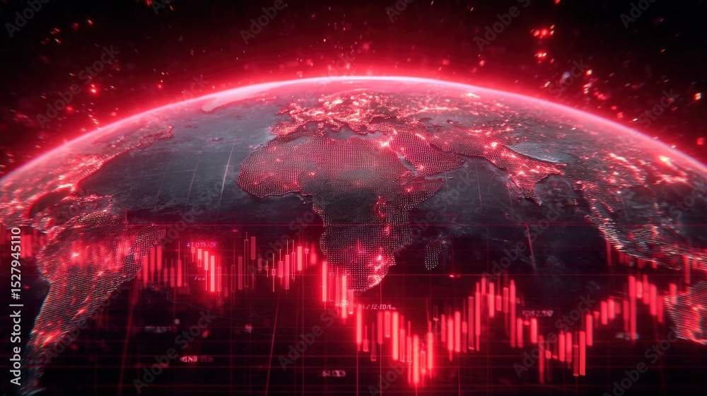 Fototapeta premium A digital globe illuminated in red, featuring a data-driven stock market chart overlay that highlights financial trends across continents in a high-tech visualization.