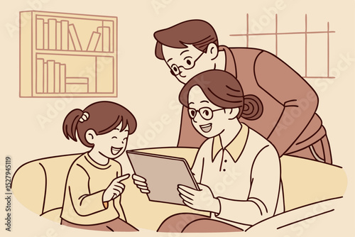Grandparents helping grandchild with tablet