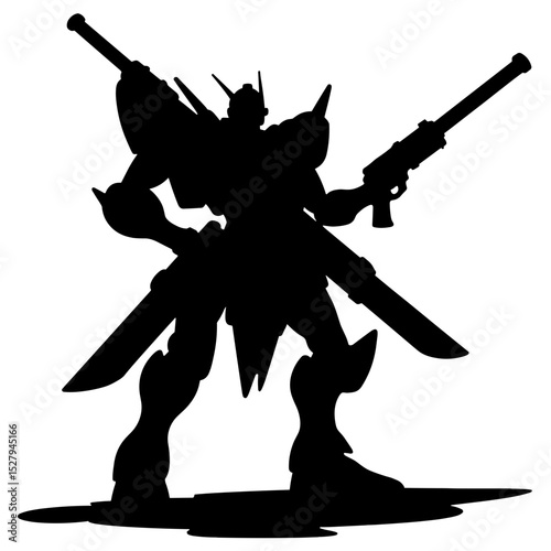 Silhouette of robot with blasters on arena ground, AI mech combat