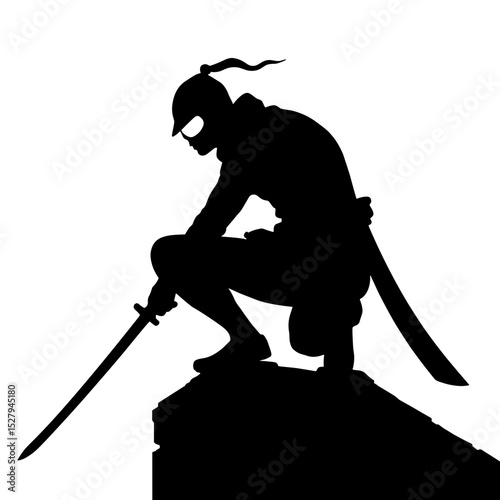 Silhouette of cyber ninja with sword crouching on rooftop, stealth hero persona