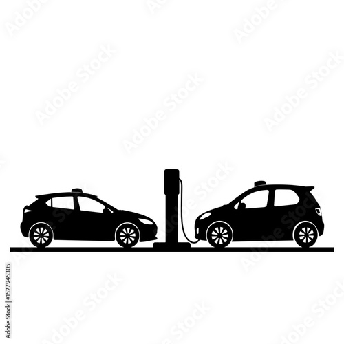 Electric taxis at charging station silhouette, sustainability and clean tech