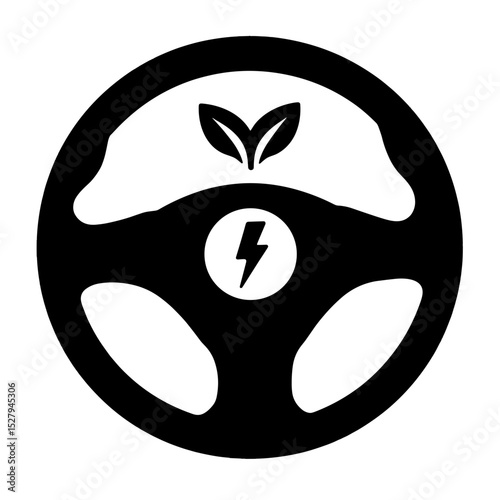 Steering wheel with leaf and electric bolt icons, Eco-friendly driving symbol