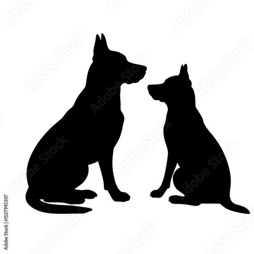 Silhouette of two dogs sitting face to face on white background, pet companionship