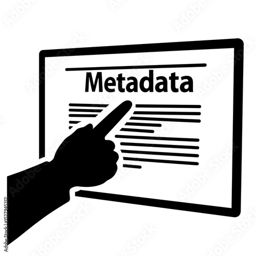 Silhouette of hand interacting with metadata on digital screen, SEO concept
