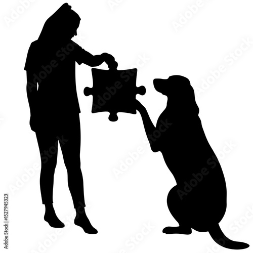 Silhouette of person and dog with puzzle piece, pet training interaction