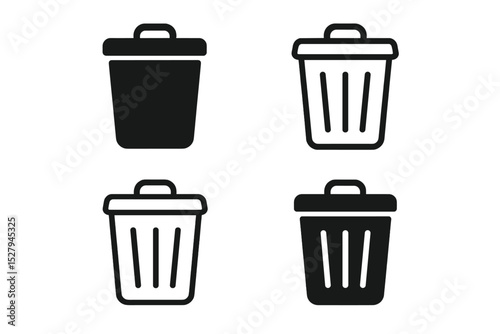 Four different designs of a black and white trash can icon vector illustration isolated on white background