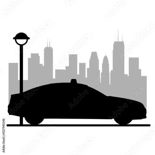 Silhouette of taxi near charging station with city skyline, urban transport innovation