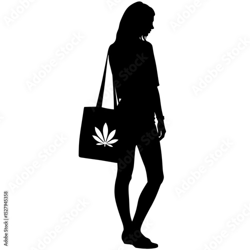 Silhouette of woman with reusable tote bag featuring plant motif, eco-friendly lifestyle
