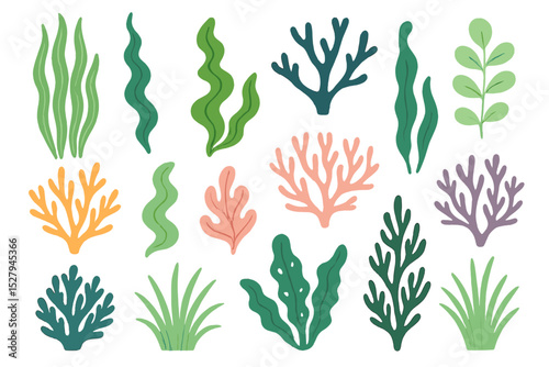Various cartoon seaweeds and corals vector art illustration isolated on White Background