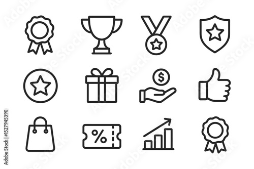 Line art cartoon vector illustration of business, rewards, shopping, and achievement icons