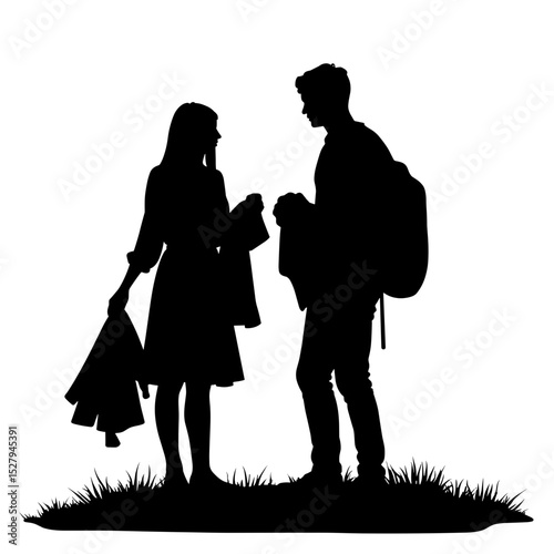 Silhouette of friends exchanging clothes outside, fashion sustainability concept