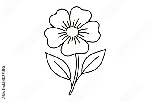 Simple flower vector icon with petals, leaves and stem, isolated on white background