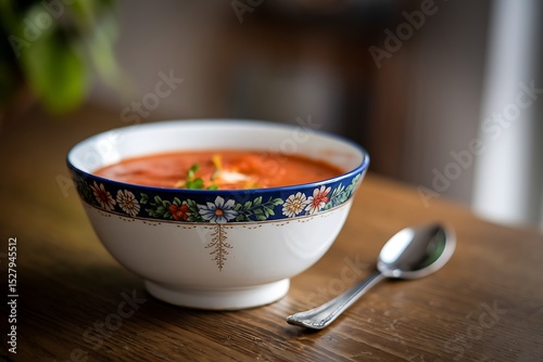 A Delightful Bowl of Creamy Tomato Soup Served in an Ornate Vintage Bowl photo