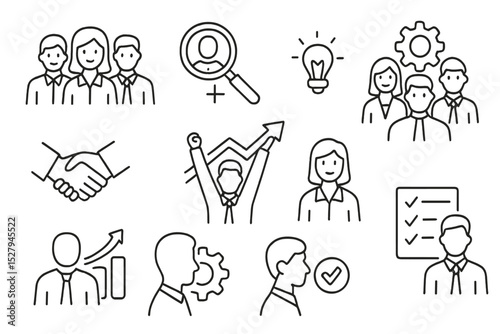 Cartoon vector icons showcasing business concepts like teamwork, recruiting, success, and idea generation
