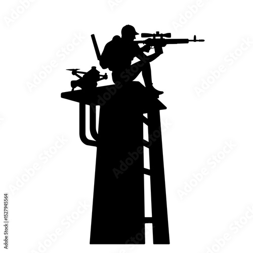 Silhouette of sniper with drone on tower, tactical strategy and futurism
