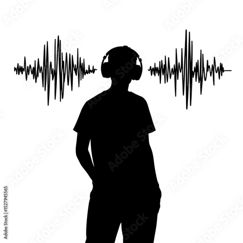 Silhouette of person with headphones and soundwaves on white background, audio immersion