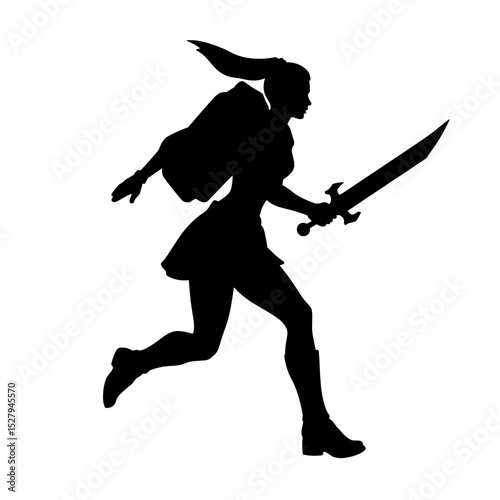 Silhouette of female warrior with sword and energy pack, dynamic action hero on white