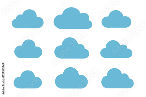 Cartoon vector set featuring nine light blue clouds isolated on a white background with varying shapes and sizes