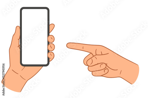 Cartoon vector illustration featuring a hand holding a blank smartphone while another hand points at the screen, isolated on a white background