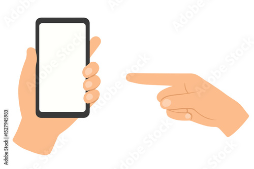 Hand holding smartphone with blank screen and pointing finger, cartoon vector illustration