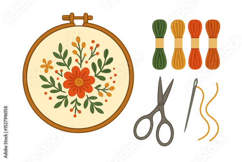 Decorative embroidery hoop with floral design and crafting accessories vector illustration