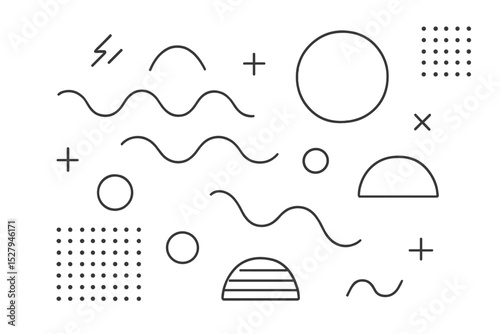 Geometric shapes arranged in a pattern, including circles, waves and dashed rectangles