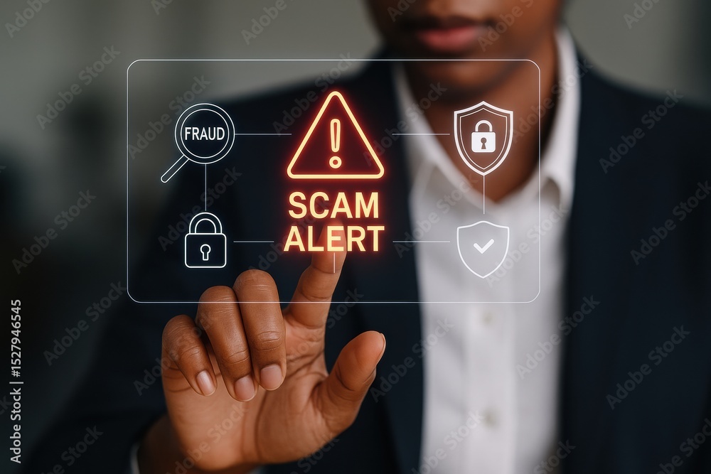Naklejka premium Person formal attire interacts with digital scam alert warning