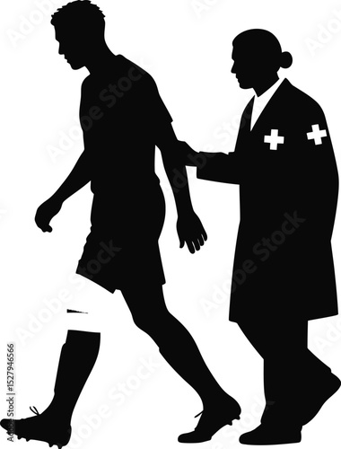 A silhouette image showing a doctor assisting an injured athlete with a knee bandage walking slowly