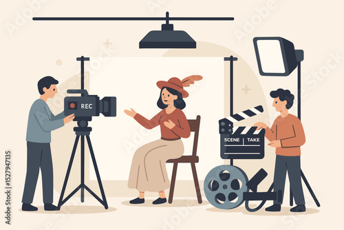 Movie production set with film crew shooting a scene. Vector illustration of filmmaking process. Cameraman, actress, and assistant with clapperboard in a studio with professional equipment.