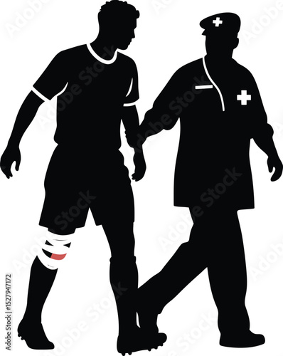 A silhouette of a soccer player with a knee injury being assisted by a medic in a medical cap