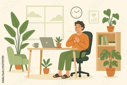 Man practicing mindfulness meditation at desk in green home office. Concept for work-life balance, mental well-being, gratitude, and remote work serenity with plants. Vector.