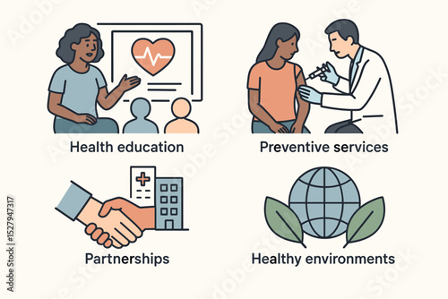 Community health strategies vector icon set. Public health infographic concepts including education, preventive services, vaccination, medical partnerships and healthy environment care.