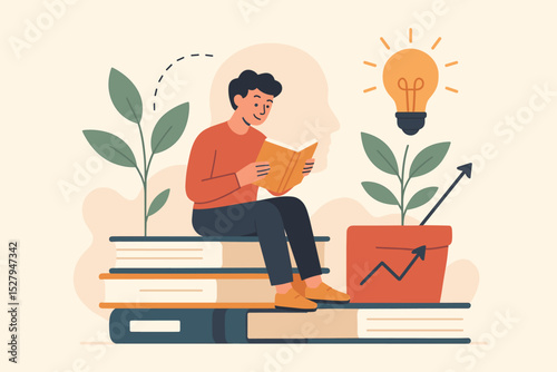 Man sits on books reading, a concept for education, learning, and knowledge. Personal growth, self development, and investing in ideas for success. Study concept flat vector.