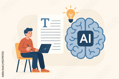 AI writing assistant concept with man on laptop. Artificial intelligence for content creation, copywriting, storytelling. Author or blogger generating ideas with smart technology.