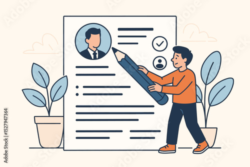 Man with large pencil writing resume. Job search concept, filling application form. Human resources, hiring, recruitment, employment. Candidate creates curriculum vitae for a career. Vector.