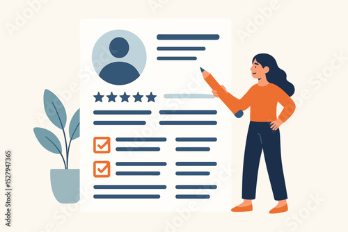 Woman writing a resume with a giant pencil. Job application and CV concept. Human resources recruitment process. Candidate creating professional profile with skills checklist. Vector.