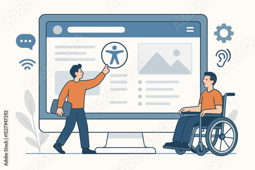 Web accessibility concept. Designer develops inclusive website for a user with a disability in a wheelchair. UI UX design for online access, usability, and digital inclusion for all.