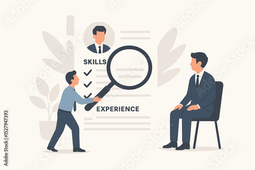 Human resources concept. HR manager with magnifying glass examines candidate resume. Job interview, recruitment, and hiring process. Assessment of skills and experience for employment.