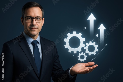 Professional man suit presenting digital gears and upward arrows