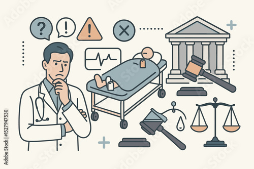 Medical malpractice concept. Healthcare negligence, lawsuit, and professional liability. Pensive doctor, deceased patient, court, gavel, and scales of justice. Medical error claim.