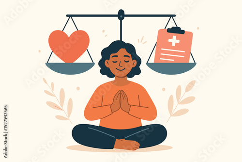 Emotional and physical health balance concept. Woman meditating in yoga pose with scales above her head. Heart and medical clipboard icon. Mental wellbeing and self-care vector.