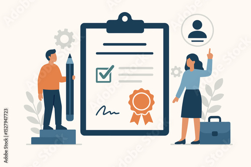 Professional certification and license renewal concept. Business people with contract agreement. Policy compliance, quality standard verification, and validation document vector.