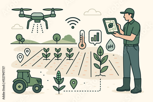 Agritech innovation concept. Farmer using drone and tablet for smart farming. Precision agriculture with IoT sensor data for crop health monitoring, ph levels and growth analysis.