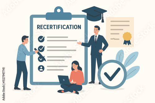 Recertification vector illustration. Professional development, continuing education, employee training. Skills upgrade, career growth, compliance, qualification exam and certificate.
